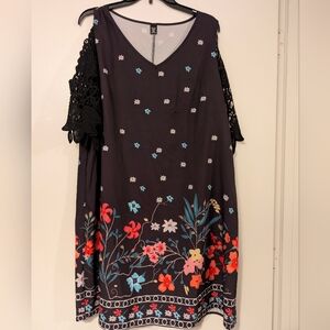 Sason Curve Black Floral Cold Shoulder Dress Lace Sleeve Plus Size 1XL